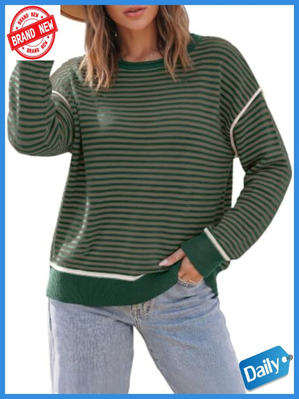 Oversized Striped Pullover Sweater with Ribbed Trim, Long Sleeve Crewneck Knit - Picture 3 of 3